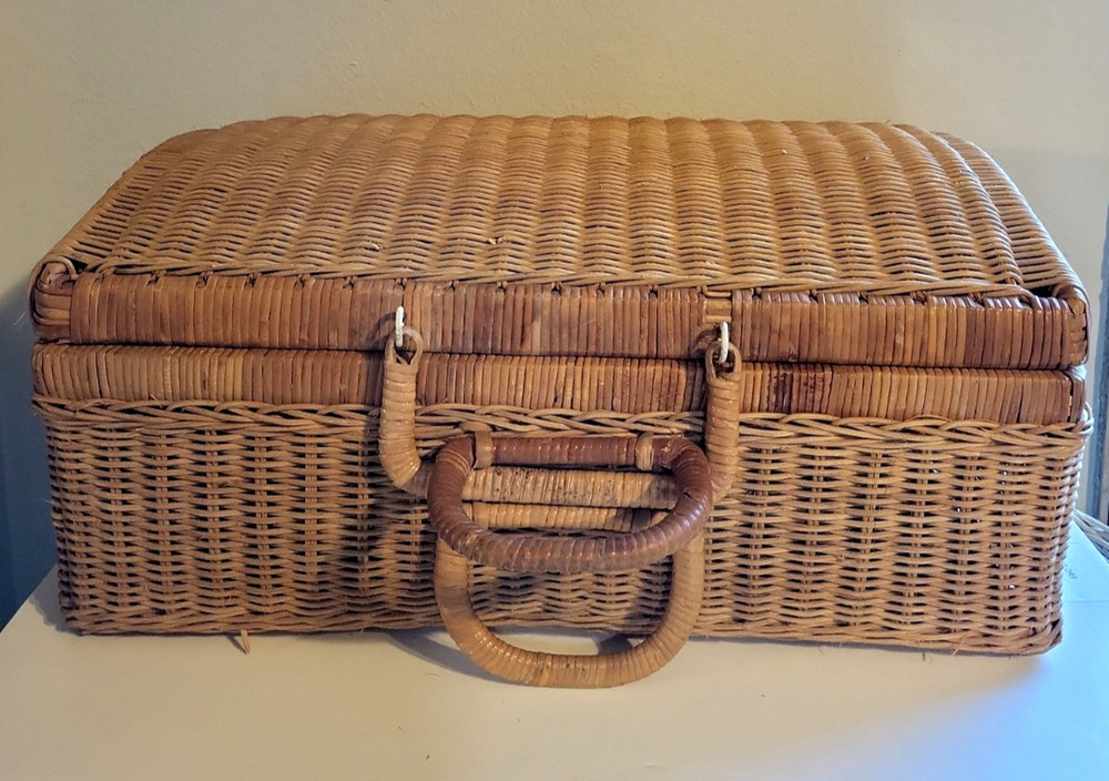Vintage Woven Bamboo Wicker Suitcase Picnic Basket Box 17" X 7" X 12"